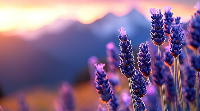 Close-up of lavender flowers in a field with a blurred mountain range in the background, bathed in the warm light of sunset.