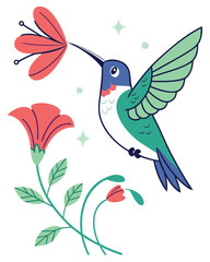Colorful Hummingbird Drinking Nectar from Flower – Vector Illustration