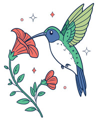 Colorful Hummingbird Drinking Nectar from Flower – Vector Illustration
