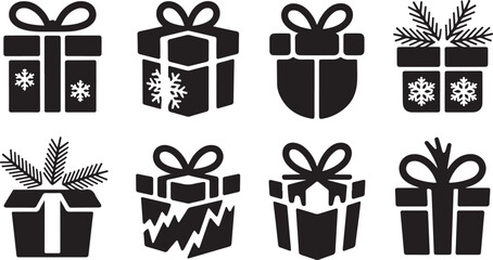 Collection of Gift Box Icons with Festive Decorations present silhouette