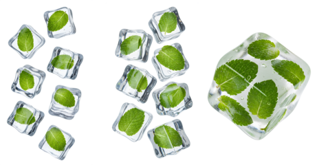 Frozen Mint Leaf Ice Cube Set PNG. Collection of falling green herb ice blocks. Refreshing cold summer element pack for cocktail drink packaging and design isolated