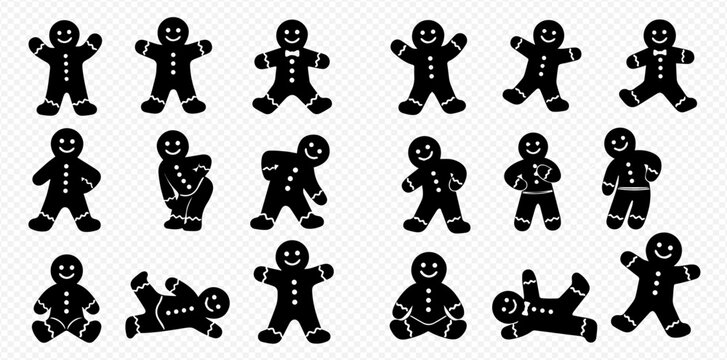 Set of various gingerbread man cookie silhouettes in different poses for holiday designs.