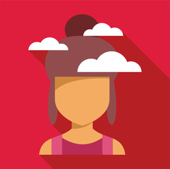 Illustration of a young woman with many clouds over her head, representing her thoughts