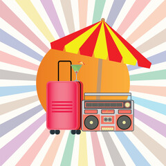 Retro vacation concept with umbrella, cassette player, trolley and a cocktail