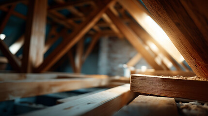 Interior view of faceless house attic space under active construction defocused exposed roofing beams background loft renovation project home expansion work loft conversion pro