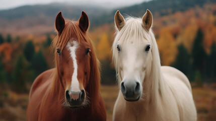 Two horses standing side by side facing the viewer, a chestnut and a palomino with matching white stars, full-body view in a golden autumn field with soft fall colors