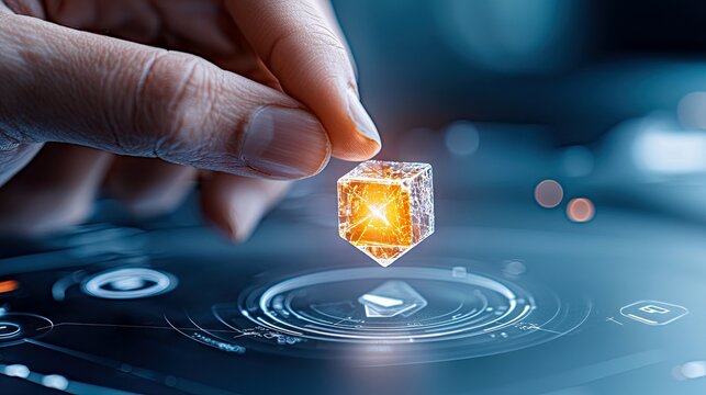 A hand delicately holds a glowing, crystalline cube above a futuristic interface, suggesting digital innovation and technological advancement. - Powered by Adobe