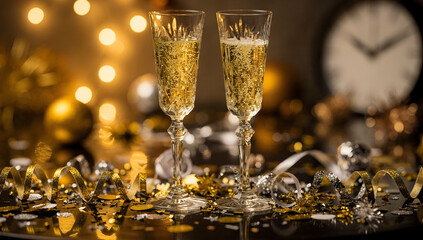 Festive New Year champagne glasses with sparkling bokeh lights