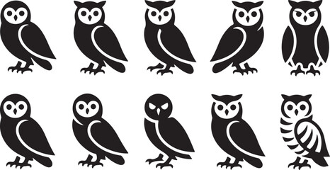 Collection of Ten Black Silhouette Owl Icons with Different Poses and Styles Keywords: owl, owls, silhouette, icon, bird, animal, wildlife, night, nocturnal, wisdom, predator, flight, wings