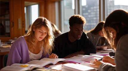 Students studying together in a bright library during afternoon hours