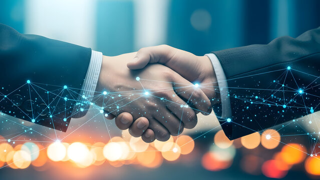 Business handshake with digital network overlay and bokeh lights
