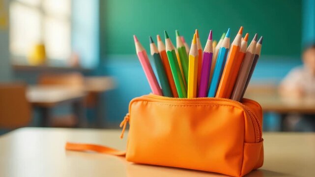 Video A colorful pencil case filled with lots of colored pencils, great for art projects or school supplies