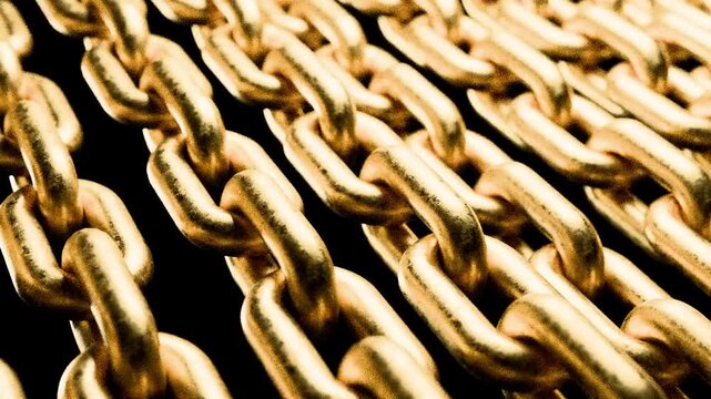 A detailed view of interlinked golden chains against a dark backdrop