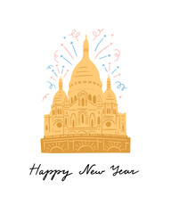 Sacr&eacute;-Coeur in Paris vector illustration. Happy New Year vector card. Paris travel illustration