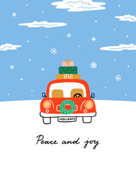 Christmas card cute illustration. Car with holiday gifts and present. Christmas time vector clipart