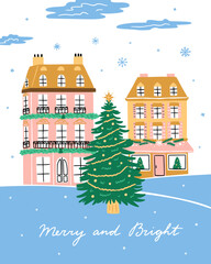 Christmas card vector illustration. Merry and Bright greeting card. Happy holidays clipart