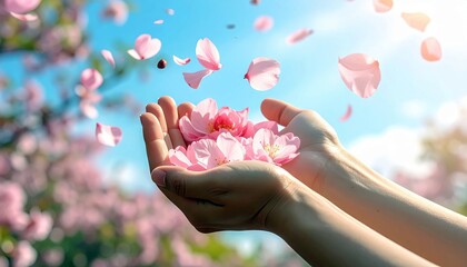 Close-up of hands cupping cherry blossoms with petals falling against a blue sky, conveying a sense of spring and beauty.