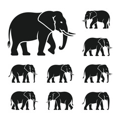 Collection of various elephant silhouette icons walking in different poses