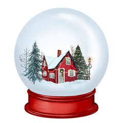christmas house with snow globe illustration New Year garland isolated hand drawn on transparent background Winter, decor, xmas