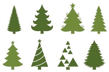 Obraz premium stylized christmas trees with spiral and star designs christmas tree green silhouette clipart set. green Christmas tree drawing clip art collection in white background for xmas season pine tree flat i