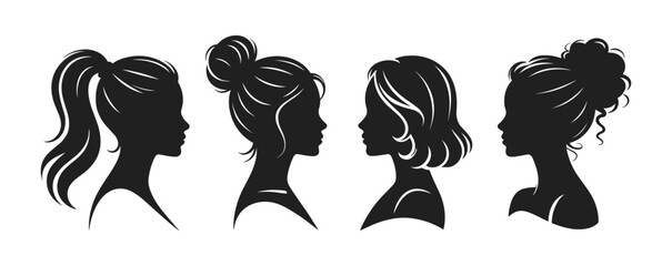 Diverse female head silhouettes in profile showcasing a range of elegant hairstyles and trendy looks