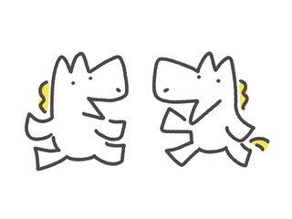 笑顔で話しながら歩く2頭の白馬キャラクター　正月素材