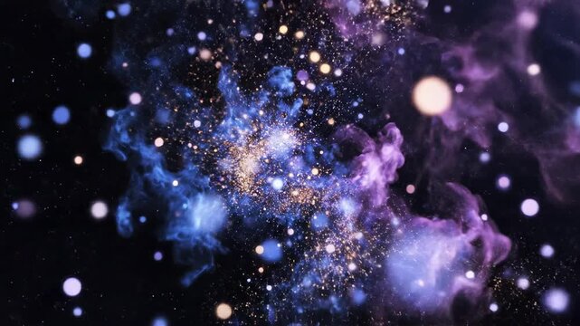 Cinematic abstract animation of glowing particle cloud fragments slowly drifting through an infinite dark void background slowly, energy, backdrop