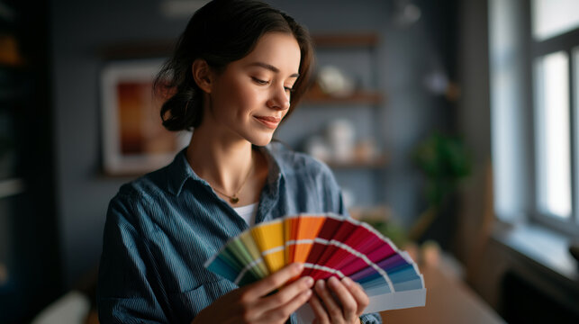 Faceless young woman interior designer showing various paint color swatches choice defocused color sample palette background interior design color decision home decoration