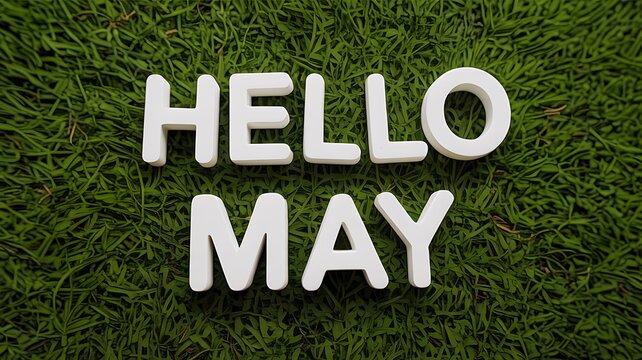 White three dimensional letters spelling out hello may placed on a vibrant green grassy background representing the start of the spring month