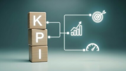 Kpi key performance indicators concept with wooden blocks and digital icons representing target achievement and growth business metrics and performance measurement