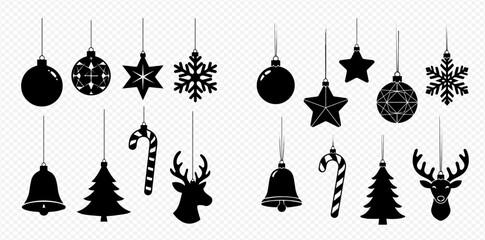 Silhouette Christmas ornaments hanging on strings, including stars, snowflakes, and reindeer.