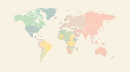 World map with pastel colors showing countries in soft green, yellow, pink, and blue shades, minimalistic style, calm and clear design