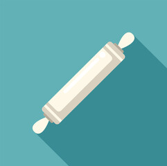 Wooden rolling pin lying on diagonal on turquoise background, flat design with long shadow