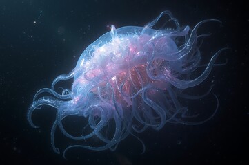 Obraz premium Ethereal bioluminescent jellyfish drifting gracefully through the deep dark ocean waters