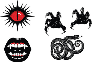 Dark mystical vector set featuring demon eye, vampire mouth, clawed limbs, and coiled snake with red accents on white