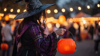Naklejka premium Halloween witch holding pumpkin pail at festive outdoor market