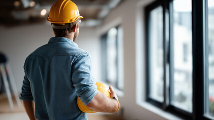 Rear view of faceless professional interior renovation construction worker defocused home apartment construction background interior improvement specialist company renovation