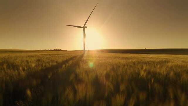 Lone Wind Turbine in a Golden Wheat Field at Sunset with Sun Flare wind power renewable energy