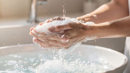 Fototapeta premium Hands covered in suds under running water in a white sink