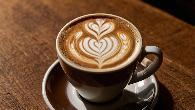 cup of coffee, cup of coffee with cinnamon, against a rich brown espresso background, with a subtle sheen reflecting the light, the overall composition showcasing the artistry of the barista