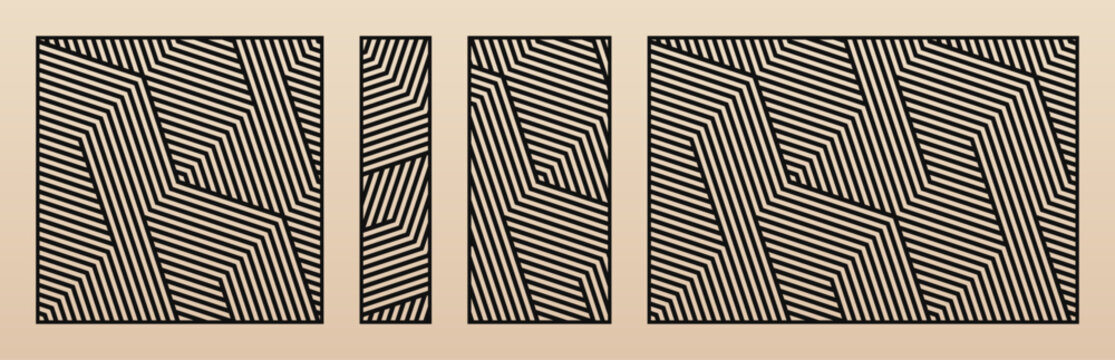 Trendy laser cut panel set. Vector template with abstract geometric pattern, lines, stripes, chevron. Decorative stencil for CNC cutting of wood, metal, paper, plastic. Aspect ratio 1:1, 1:4, 1:2, 3:2