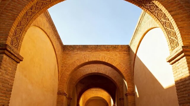 Medium shot of a Romanstyle brick archway showcasing classic rounded curves and intricate brick patterns framing an elegant passageway.