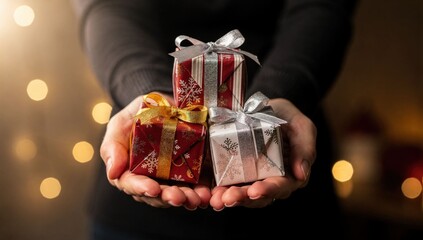 Hands holding three festive wrapped gifts against warm bokeh lights