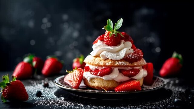 A closeup shot of a dessert with strawberries and whipped cream, set against a dark, textured background. The dessert appears to be a layered cake with a variety of toppings.