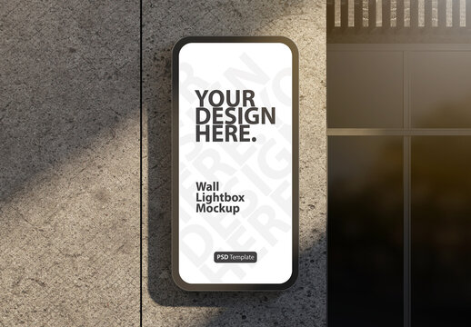 Vertical signboard lightbox Mockup on the wall of storefront