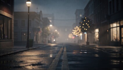 Misty night street, wet ground reflects glowing urban lights
