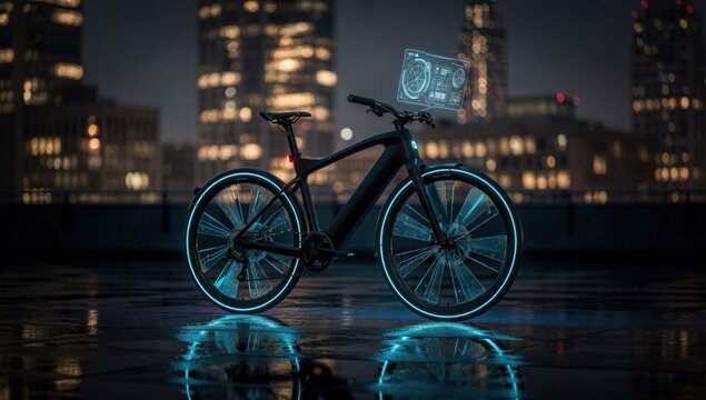 Modern electric bike, glowing wheels, digital display, city night