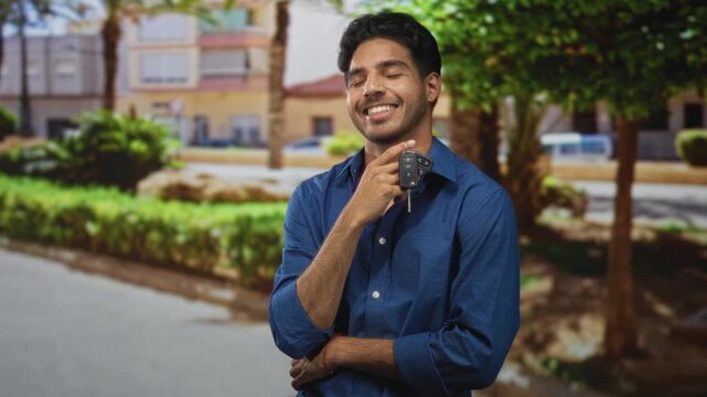 Man holds car keys by bare hand near chin on street while smiling and relaxed; confidence casual ease.