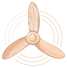 Vintage wooden airplane propeller with three blades spinning in motion hand drawn illustration