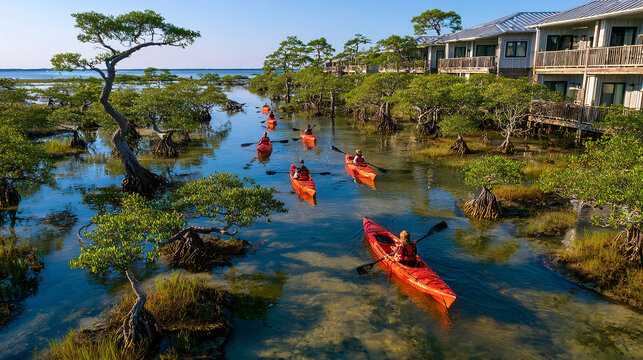 WIDE aerial shot of kayaks gliding through calm mangrove waterways in a townhouse community, winding natural channels below.